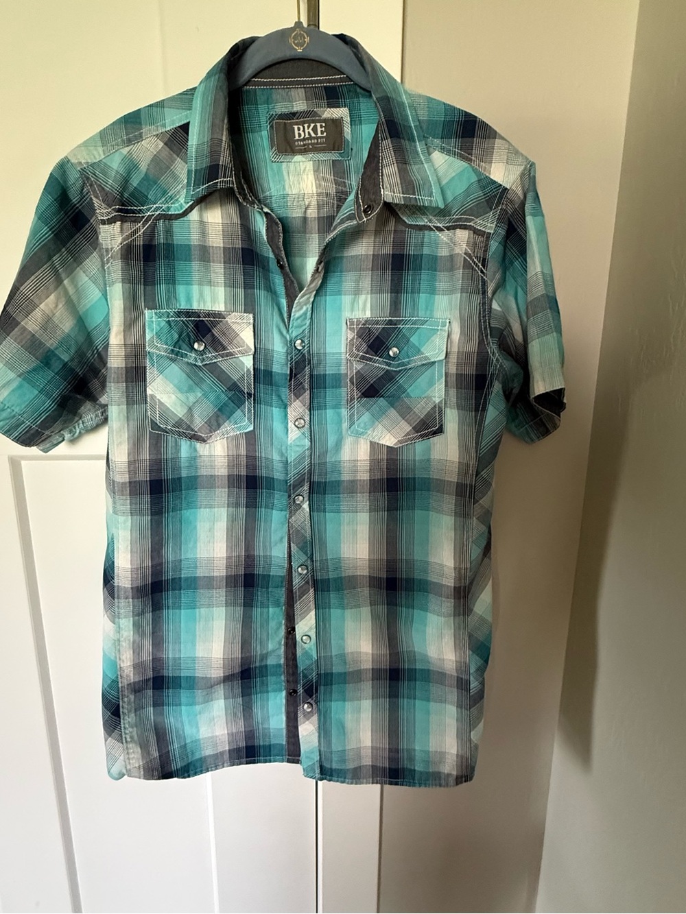 BKE Teal and Navy Plaid Short-Sleeve Button-Down Shirt Large MENS